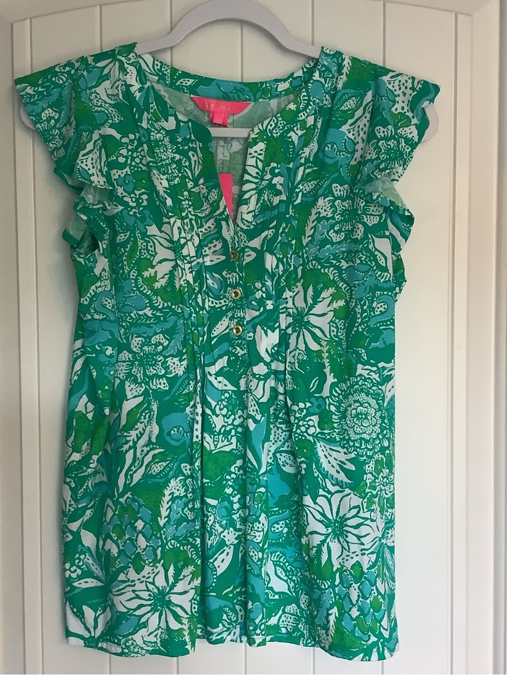 Lilly Pulitzer Green & White Floral Ruffle Sleeve Top